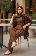 مانتو پاییزه گلاره مخمل کبریتی قهوه‌ای روی ست یک‌دست قهوه‌ای با شلوار و تاپ هماهنگ، استایلی شیک و رسمی برای پاییز