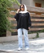 شومیز مشکی مانتویی زنانه با فرم آزاد و قابلیت تنظیم پایین لباس