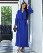 مدل تمام قد با کت دامن آبی کاربنی و کیف