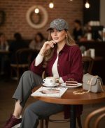 مانتو پاییزه گلاره زرشکی روی بلوز سفید با شلوار طوسی، کتانی همرنگ و کیف کوچک طوسی، استایلی کافه‌ای شیک و پاییزی