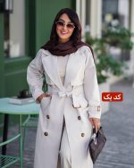 ترنج کت بارونی زنانه کرم روشن کمربنددار با دکمه چوبی، استایل شیک شهری برای خانم ها