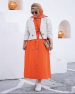 ست کت و سارافون زنانه لینن خارجی با دکمه چوبی و سارافون بلند کمربنددار