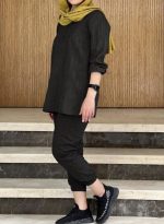ست مانتو شومیزی و شلوار زنانه با آستین کش دار شیک