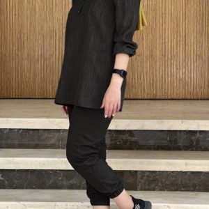 ست مانتو شومیزی و شلوار زنانه با آستین کش دار شیک