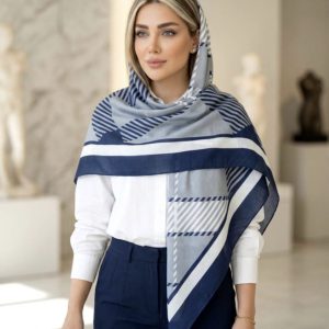 روسری نخی زنانه دور دستدوز طرح خط خطی با پارچه خنک و سبک