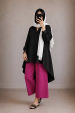 ست زنانه پانچ و شلوار داکرون نخ ابریشمی مناسب استایل مجلسی
