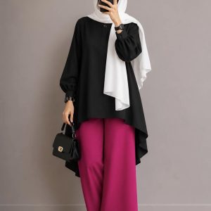 ست پانچ و شلوار زنانه داکرون ابریشمی فری سایز شیک