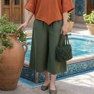 شلوار زنانه الیاف طبیعی پنبه‌ای فری سایز با کمر کش کامل و فاق بلند