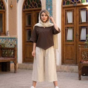 ست کراپ شلوار زنانه الیاف طبیعی پنبه‌ای فری سایز