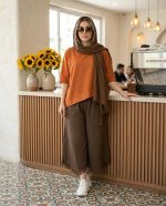 ست کراپ شلوار الیاف طبیعی زنانه مدل اُریب و هفتی پنبه‌ای