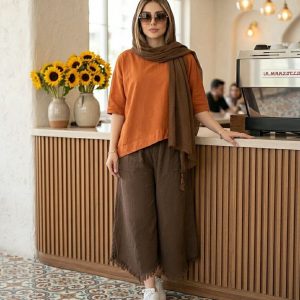 ست کراپ شلوار الیاف طبیعی زنانه مدل اُریب و هفتی پنبه‌ای